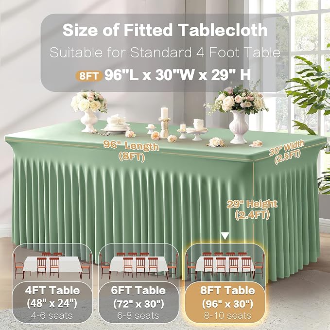 6 Packs Sage Green Spandex Table Cloths 8 Foot, Fitted Stretch Table Cover with Skirts 30x96 Inch, Wrinkle-Free Floor Length Tablecloths Rectangular for Weddings Parties Banquets Events Decorations