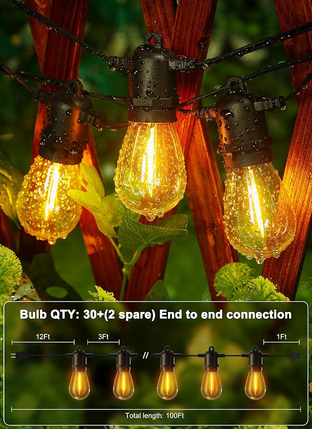 Brightown LED Outdoor String Lights for Patio 100FT with 32 Shatterproof S14 Vintage Edison Bulbs, Waterproof Outside Hanging Lights for Backyard Deck Garden Party Xmas Decor, 2700K