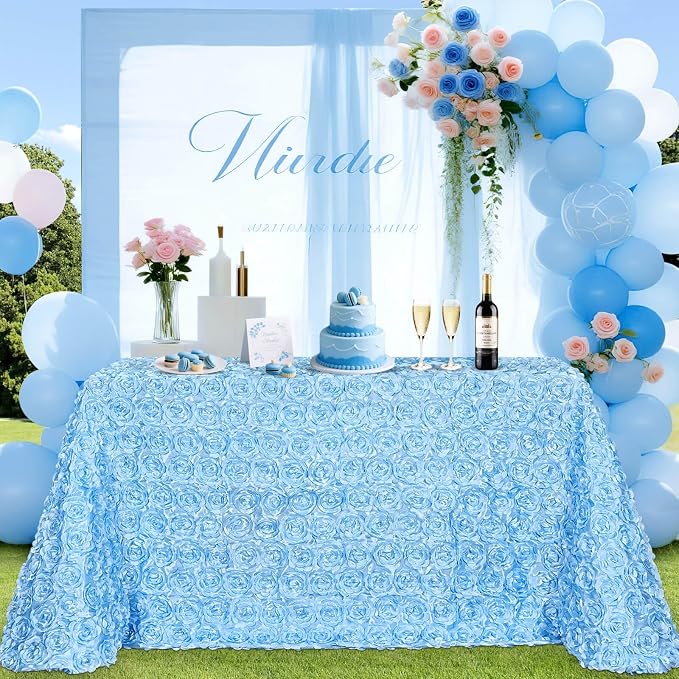 B-COOL Light Blue Rosette Tablecloth 3D Floral Satin Rectangle Table Overlay 60x102 Inch for Baby Shower Wedding Birthday Party Ceremony Floral Table Cloth