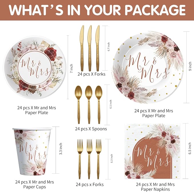 Mr And Mrs Bridal Shower Decorations Tableware, Mr Mrs Boho Wedding Party Supplies, Paper Plate, Cup, Napkin, Cutlery, Pampas Grass Theme Bridal Shower Table Decorations, Serves 24