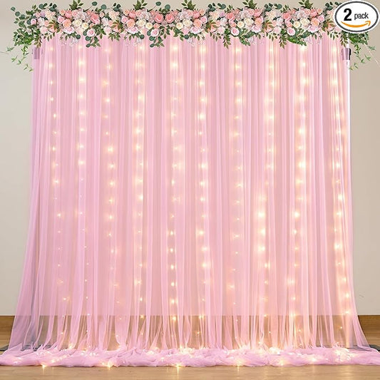 Pink Sheer Curtains with Lights String Tulle Curtain for Living Room Bedroom Parites Wedding Birthday Decorations 2 Panels 5ftｘ8ft