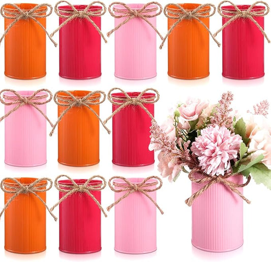 Rustic Vase for Table Centerpieces 4.33 Inch Small Petite Flower Vase with Twine Bow Vintage Farmhouse Decor for Wedding Reception Dining, Home Galvanized Metal Buckets(Orange, Fuchsia, Pink,12 Pcs)
