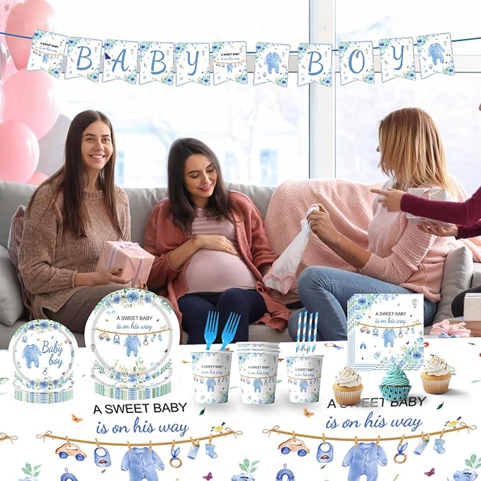 162 Pcs Baby Shower Decorations for Boy Serve 25 Guest - Blue Theme All-in-One Party Supplies Kit with Plates, Cups, Napkins, Forks, Straws, Banner, Tablecloth for Baby Shower Decor