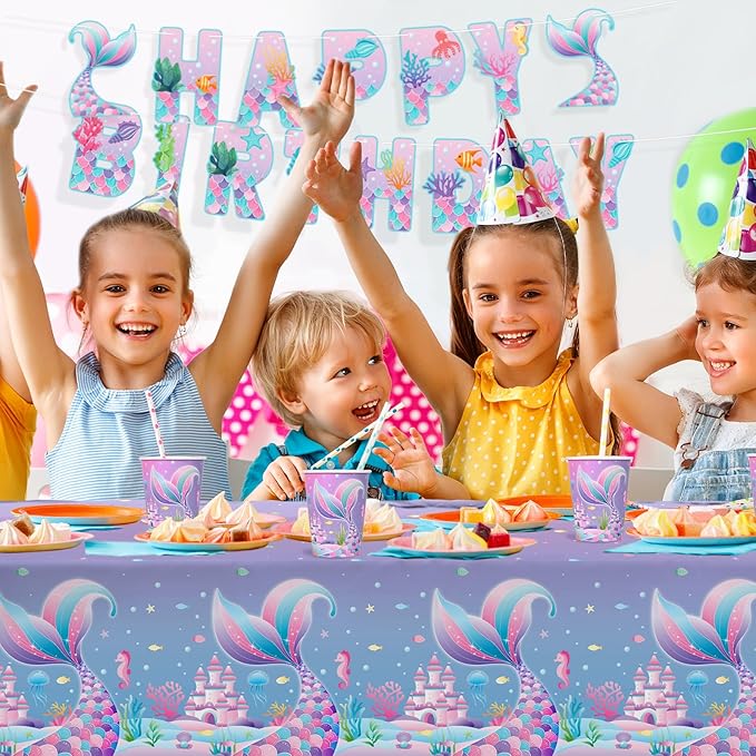 Mermaid Birthday Decorations for 25 Guests - Mermaid party supplies Kit Includes Dinner & Dessert Plates, Cups, Napkins, Banner & Tablecloth for 1st Birthday Party Decorations