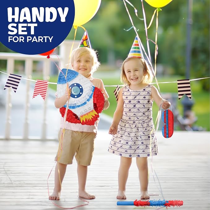 Rocket Pinatas Bundle with a Blindfold and Bat(16.5x11.4x4 Inches), Perfect for Boy's Birthday Party Supplies, Space Theme Birthday, Decoration for Kids Party