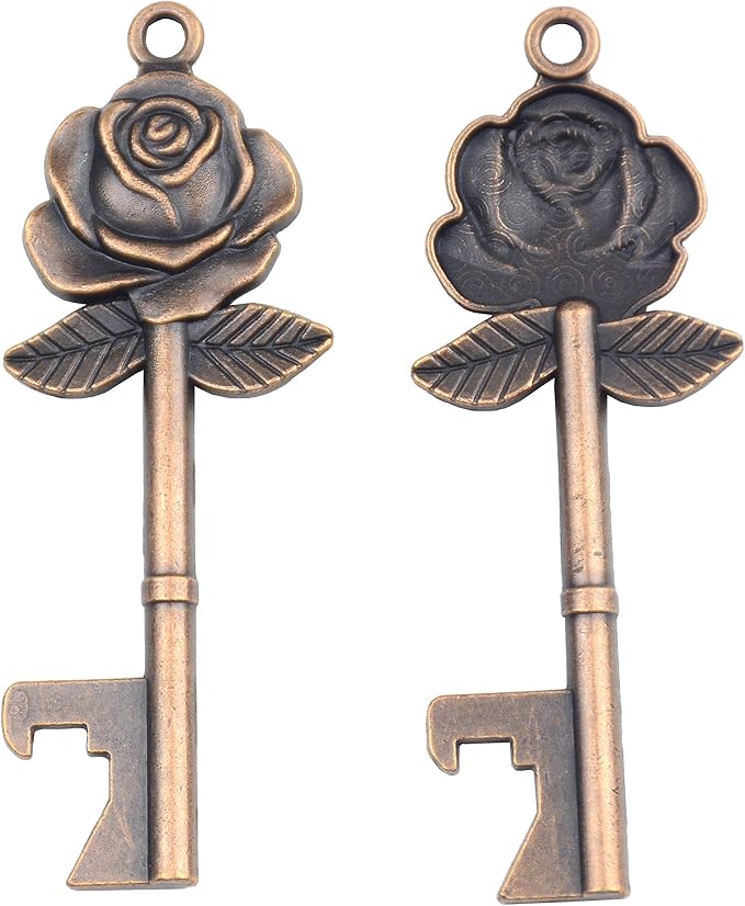 Makhry 50 Set Skeleton Rose Key Bottle Openers with Candy Box In Antique Vintage Style Escort Tags French Ribbon As A Gift Souvenir At Wedding Party Supplies (Copper)