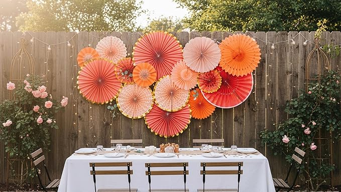 PapaKit 8-Piece Origami Paper Fan Set - Orange & Gold Metallic Hanging Pinwheels – Reusable Wall Backdrop for Birthday, Wedding, Bridal Shower, Baby Shower, & Boho Party Decorations