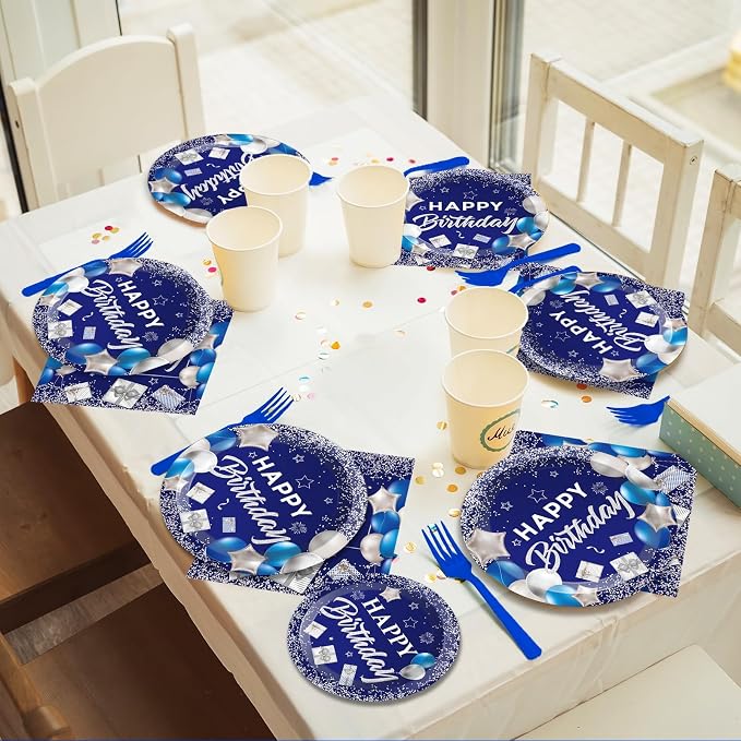 gisgfim 50 Guests Blue Birthday Party Supplies Navy Blue and Silver Plates and Napkins Plastic Forks Happy Birthday Tableware Paper Disposable Plates for Men Women Party 200PCS