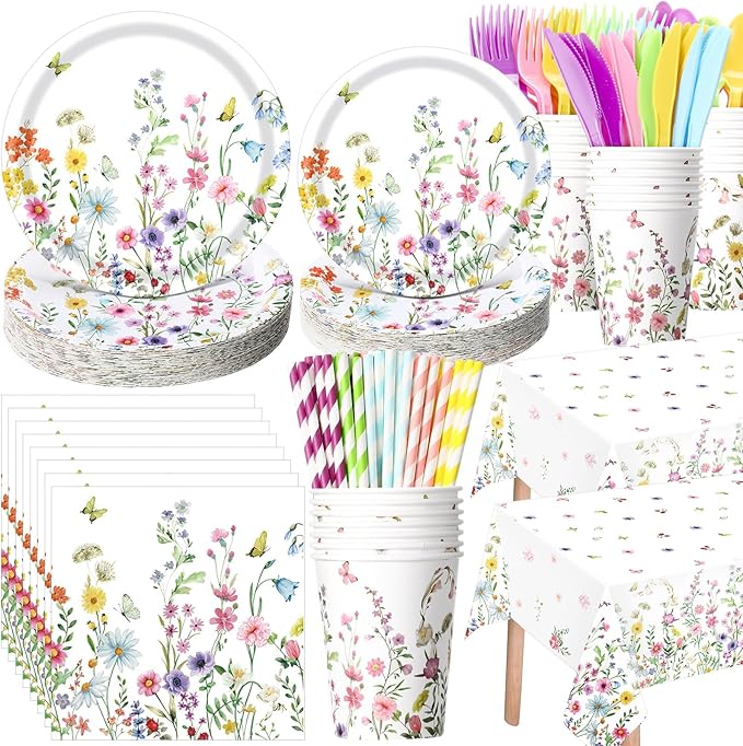 Funnymoom 452 Pcs Wildflower Party Supplies Include Spring Floral Disposable Paper Plates Napkins Cups Tablecloth and Cutlery Straws for Wedding Garden Tea Party Decoration Bridal Shower Baby Shower