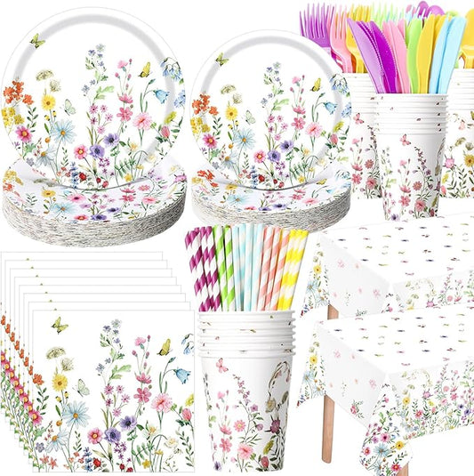 Funnymoom 452 Pcs Wildflower Party Supplies Include Spring Floral Disposable Paper Plates Napkins Cups Tablecloth and Cutlery Straws for Wedding Garden Tea Party Decoration Bridal Shower Baby Shower