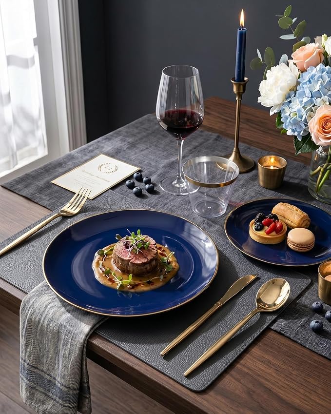 bUCLA 150PCS Blue and Gold Plastic Plates - 25 Guests Navy Blue Plastic Dinnerware Disposable for Party & 4th of July - Include 25 Dinner/Dessert Plates, 25 Knives, 25 Forks, 25 Spoons, 25 Cups