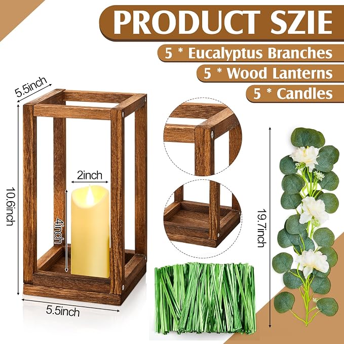 Sabary 5 Set/ 15 Pcs Wooden Wedding Lantern Centerpiece, Include 5 Candle Holders 5 LED Candles 5 Eucalyptus Leaves Wreath for Rustic Wedding Table Decoration, Country Barn Table Valentine Decor