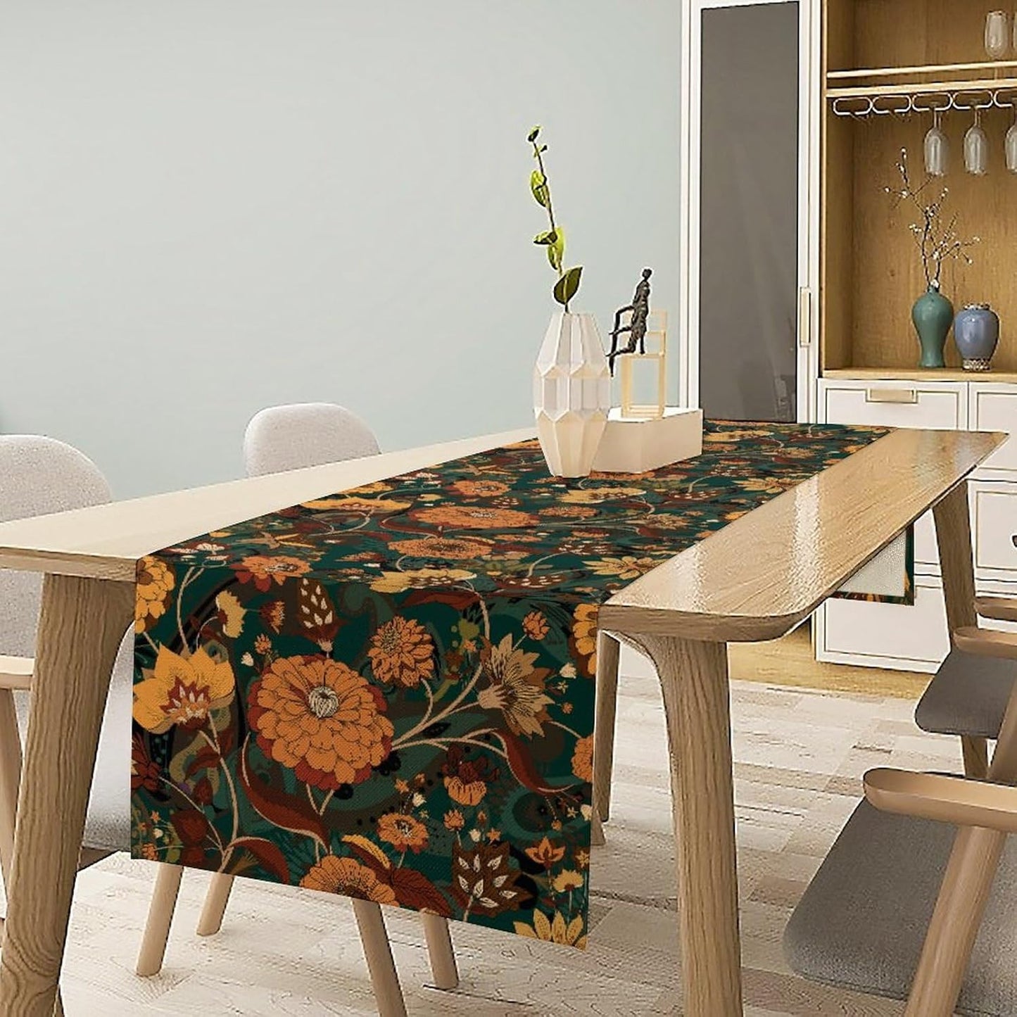 Orange Boho Floral Table Runner, Vintage Bohemian Home Kitchen Table Decoration for Birthday Party Picnic Decoration 13x36 Inch 1PCS