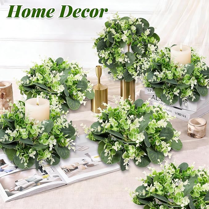 8PCS Artificial Eucalyptus Leaves Small Wreaths Green Candle Rings, Wreaths Spring Summer Greenery Garland Pillar Candle Holder for Home Wedding Party Table Centerpiece Decoration