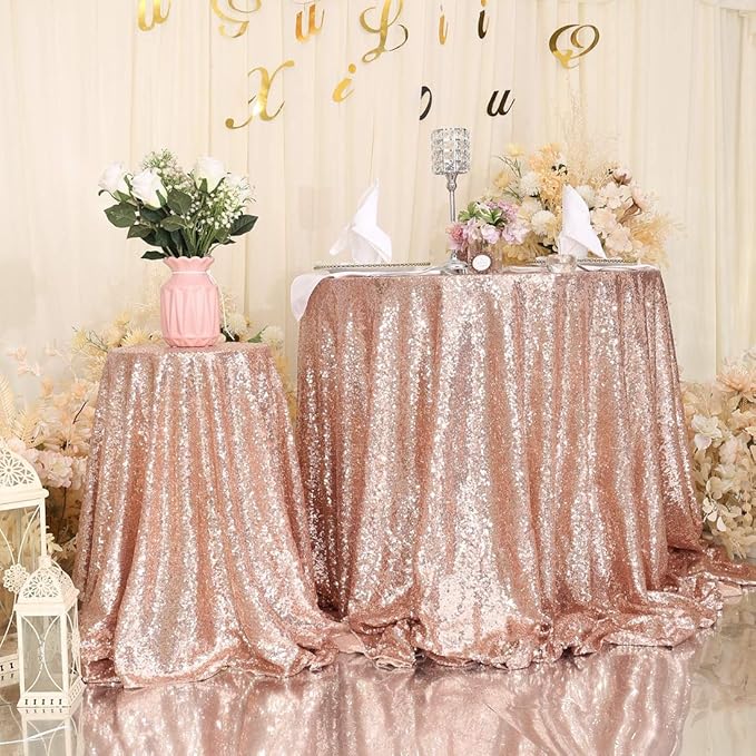 Juya Delight Rose Gold Sequin Tablecloth Round 50-Inch for Wedding Birthday Party Festival Dessert Table Decoration
