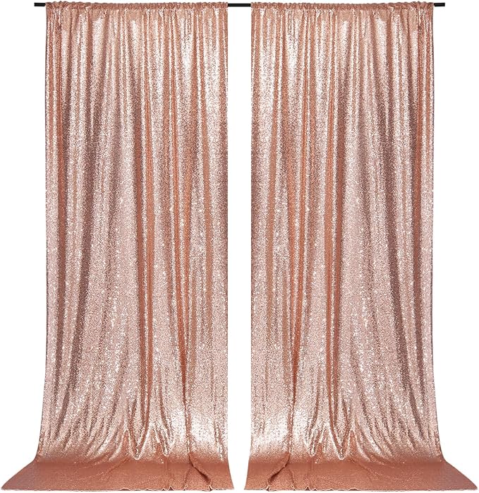 PartyDelight Rose Gold Sequin Backdrop 5x10ft 2 Panels 4 Inch Rod Pocket | 3mm stitched rose gold sequins on mesh backing with 4 inch rod pocket for wide reception walls head tables stages and layered