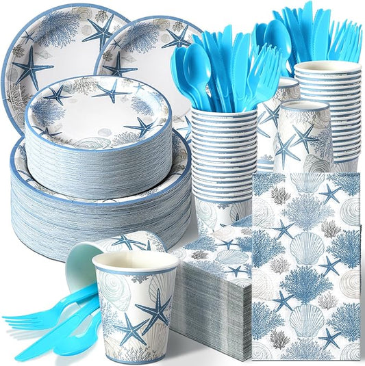 Sinmoe 400 Pcs Summer Plates and Napkins Set Summer Paper Dinnerware Disposable Party Supplies for 50 Guest Dinnerware Knife Fork Spoon for Birthday Party(Blue,Beach)