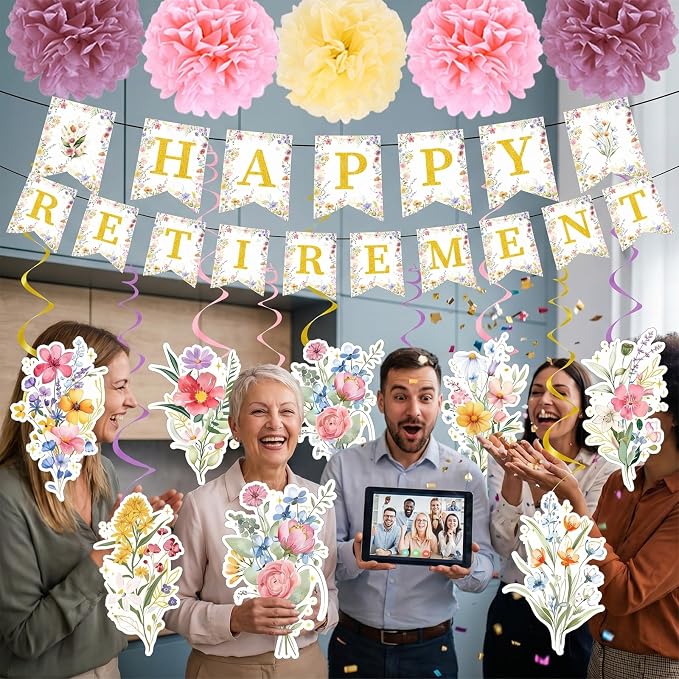 Rakuto Wildflower Happy Retirement Party Decorations for Women, 16PCS Floral Gold Retirement Banner with Hanging Swirls Decoration, Flower Just Retired Paper Pom Poms Decor Supplies