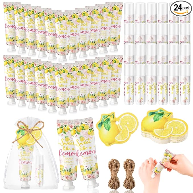 Lounsweer 24 Sets Lemon Baby Shower Hand Cream and Lip Balm Favors for Guests Sweet Like a Lemon Party Gifts with Organza Bags and Cards Travel Size Lotion Set for Bridal Shower Summer Birthday