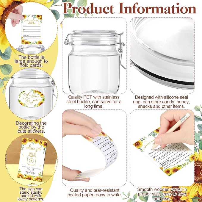 Jetec 74 Pcs Advice and Wishes for the Mr and Mrs 60 Pcs Wedding Advice Cards Advice and Wishes Jar Box Bridal Shower Advice and Wishes Cards for Bride and Groom Bridal Shower Decor(Sunflower)