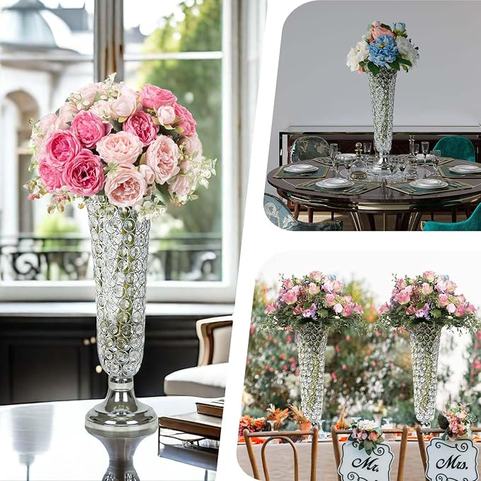 2-Pack 18.5" Tall Silver Vases, Elegant Crystal Trumpet Vase, Gorgeous Centerpiece Flower Stand | Artificial Flower Arrangement for Weddings, Anniversaries | Home & Party Decor Display
