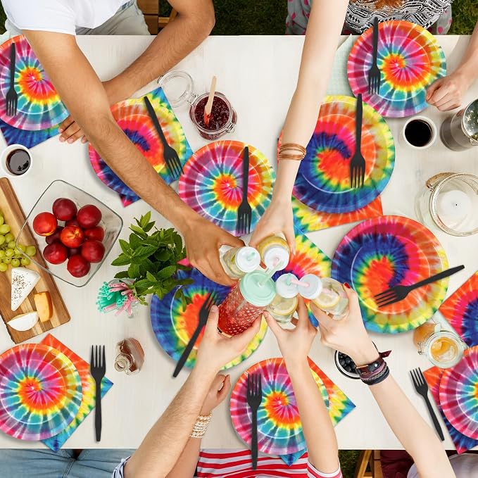 50 Guests Tie Dye Plates and Napkins Party Supplies Tie Dye Party Decorations Disposable Tableware Set Birthday Dinnerware Favor for Kids Girls Baby Shower Birthday Party Graduation, 200PCS
