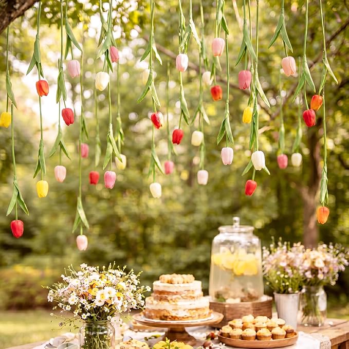 12 Pack 6 Colors 5 ft Artificial Tulips Hanging Flower Garland Decorations Spring Summer Dangling Faux Tulip Floral Vine Strings with Hooks for Wall Ceiling Wedding Tea Party