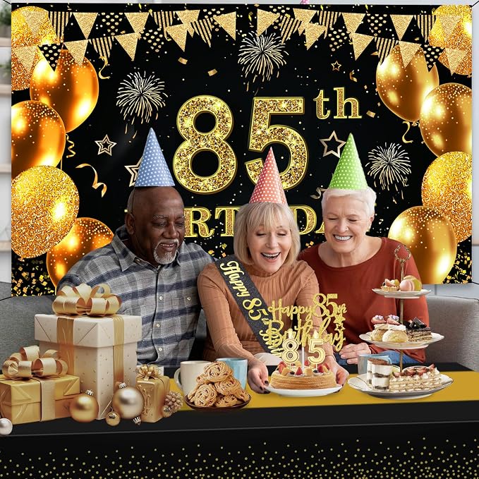 85th Birthday Decorations Men Women with 85th Birthday Banner, Black and Gold Table Cloth, Number Balloons, Sash, Cake Topper and Candles