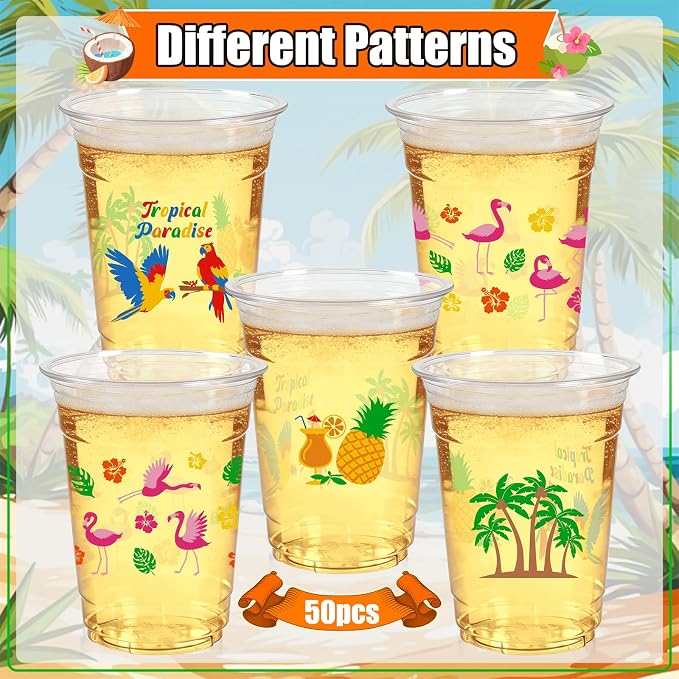 50Pcs Luau Party Decoration Cups 16 OZ Disposable Plastic Drinking Cups with Pineapple Flamingo, Summer Cup for Hawaiian Tropical Aloha Pool Beach Birthday Party Decor Supplies