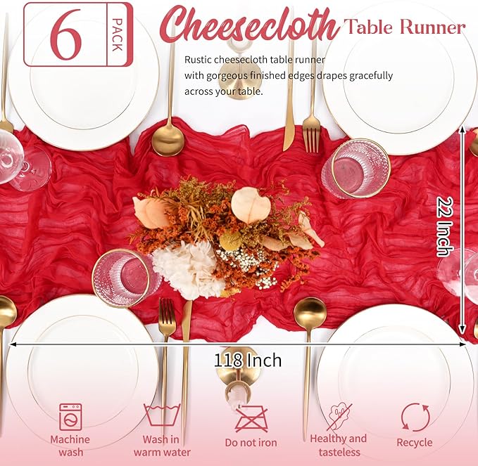 6 Pack Red Table Runner 10FT Long Cheesecloth Table Runner Cheese Cloth Gauze for Wedding Party Birthday Decoration-Red