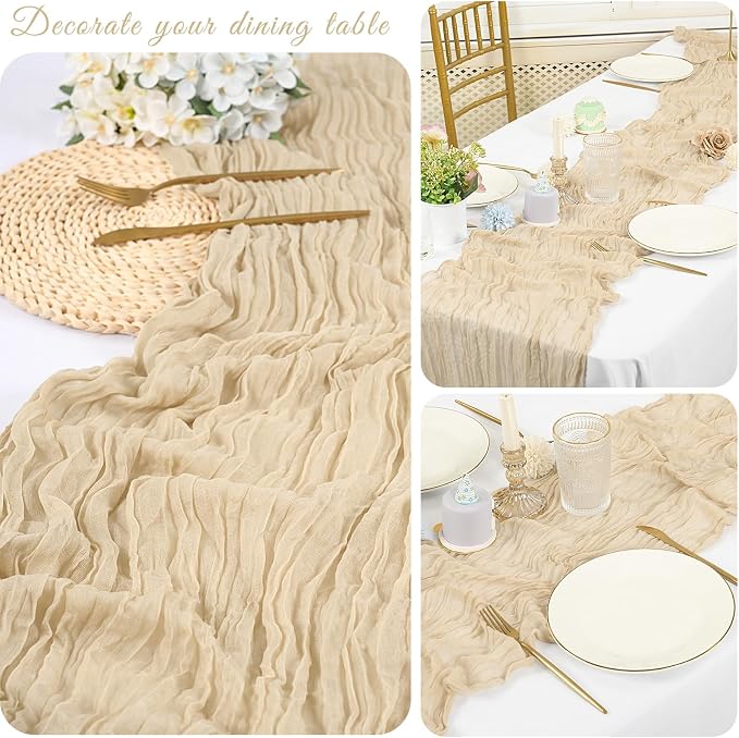 20 Pack Cheesecloth Table Runner 17 x 108 inch Long Boho Gauze Table Runners Semi Sheer Table Runner for Wedding Decor, Baby Shower, Birthday Party, Banquet (Beige)