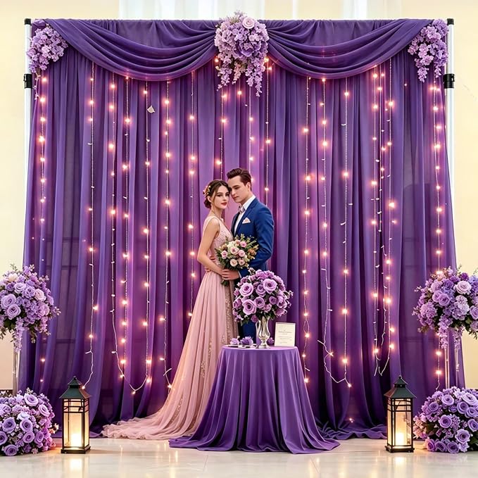 20 x 10ft Purple Chiffon Backdrop Curtain with Lights String for Parties,4 Panels Sheer Tulle Curtain Wedding Backdrop for Baby Shower Birthday Party Ceremony Reception Home Decorations