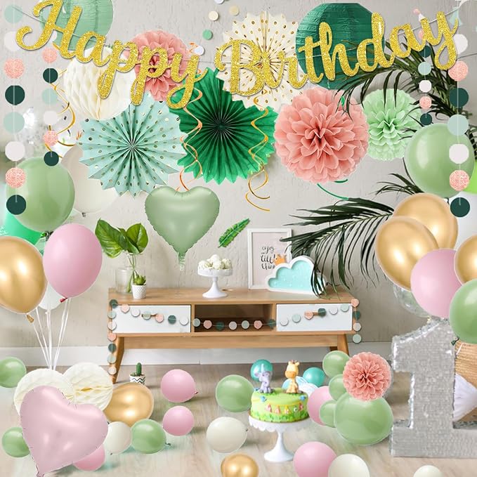 Sage Green Pink Birthday Decorations - 62pcs Happy Birthday Banner, Olive Retro Beige Paper Lanterns Pom Poms, Green Pink Balloons , Neutral Streamers Garland, Birthday Decorations for Women Girl Boys