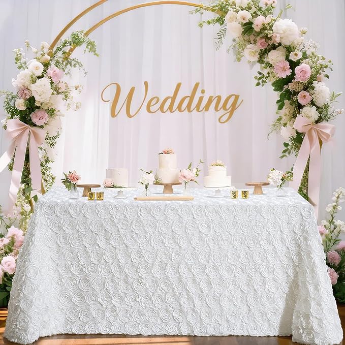 B-COOL White Rosette Tablecloth 90 by 132 Inch White Table Cover 3D Rectangle Floral Tablecloths Wedding Birthday Banquet Party Tabletop Decorations