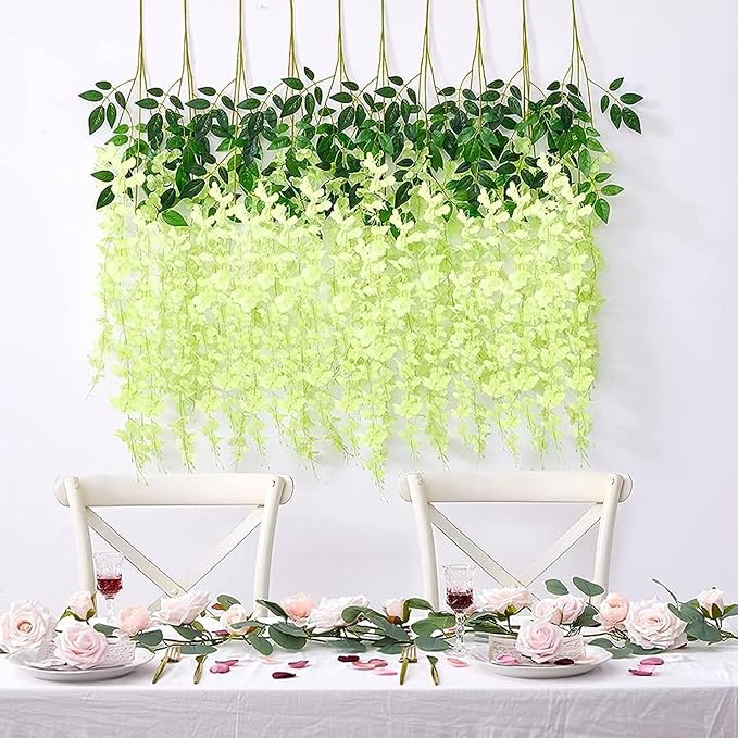 12 Pack Green Wisteria Hanging Flowers Garland, 3.77 Feet Artificial Flower Vines, Fake Wisteria, Artificial Vines Hanging Garland for Backdrop Outdoor Yard Garden Decor
