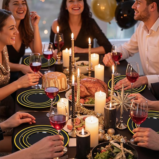 WDF 125Pieces Black Plates Disposable with Gold Rim & Disposable Gold Plastic Silverware - 50 Graduation Plates - 25 Forks, 25 Knives, 25 Spoons for Graduation/Wedding/Party/Birthday