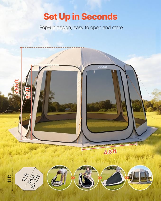 VEVOR Pop up Screen House Tent, 12 x 11 ft, 10-12 Person Screen Gazebo, Portable Screened in Canopy with Carry Bag, Netting Sides, Ground Stakes, for Garden, Patio, Backyard, Outdoor Activities, Beige