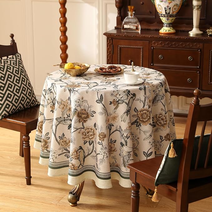 ISAENNE Designer Vintage Linen Round Tablecloth,Diameter 55"-Murad A | French Elegant Small Floral and Bird Pattern Beautiful Table Cloth for Dining Room Tea Party Kitchen Thanksgiving,Decor