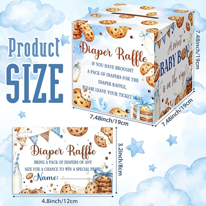 Teling 51 Pieces Diaper Raffle Tickets Box with Card Baby Shower Decorations Gender Reveal Holder Box for Girl Boy Diaper Raffle Party (A Little Cookie is on the Way)