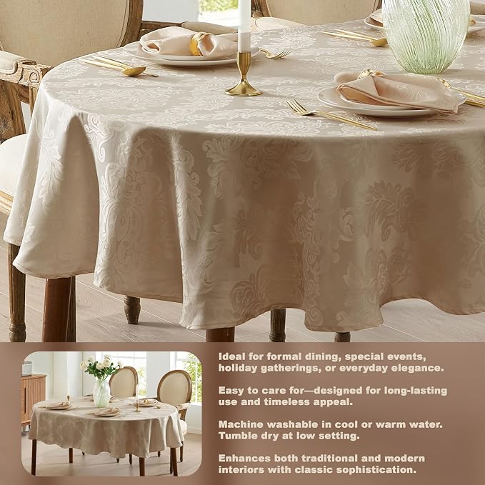 Newbridge Barcelona Luxury Damask Fabric Tablecloth, 60” Wide x 120” Oval, Golden Beige, 100% Polyester, No Iron, Soil Resistant Dining Room, Party and Banquet Table Cover