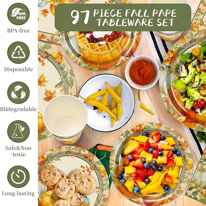 Thanksgiving Paper Plates and Napkins Set Include Cups Tablecloth Fall Harvest Plates with Pumpkins and Maple Leaves, Thanksgiving Party Supplies Set Party Decorations for 24 Guest