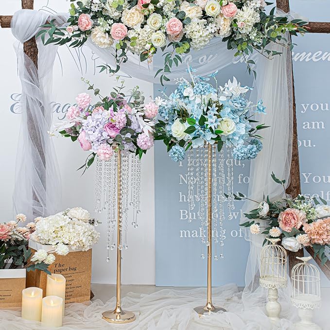 Bigsee 10 Pcs 29.5 inches Crystal Flower Stand Wedding Centerpieces for Tables, Tabletop Gold Metal Flower Arrangement Holder, Bulk Metal Vases for Reception Ceremony Decoration