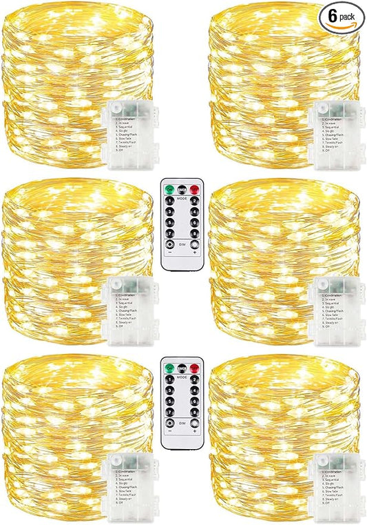 6 Pack 100 LED Fairy Lights Battery Operated with Remote, 8 Modes String Lights Indoor Outdoor, Cuttable Battery Light for Home Bedroom Wedding DIY Centerpiece Christmas Decorations (Warm White)