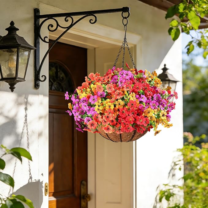 AGIRL 2 Set Artificial Hanging Flowers with Baskets for Outdoors,UV Resistant Fake Hanging Plants for Outdoor Porch Patio Garden, Realistic Silk Flowers for Spring Summer Home Decor