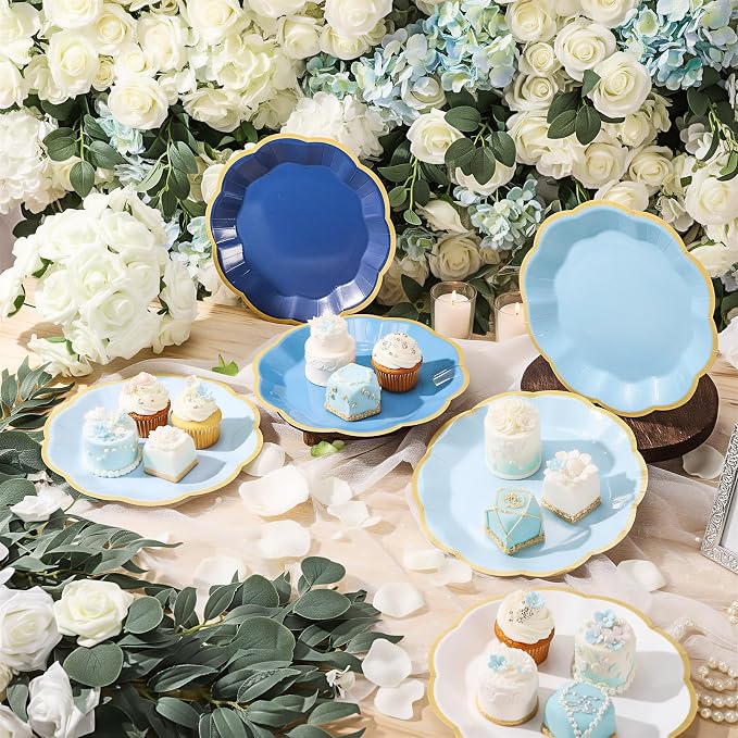 72 Pcs Blue Paper Plates 9 Inch Gradient Blue Scalloped Paper Disposable Dinner Dessert Plates for Birthday Wedding Bridal Party Supplies, 6 Colors