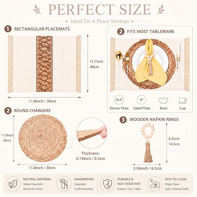 Zhehao 6 Set/18 Pcs Table Decor Set, Farmhouse Table Setting Kit with Woven Round Placemats, Burlap Placemats and Wooden Bead Napkin Rings, Rustic Wedding, Bridal Shower, Party Decorations
