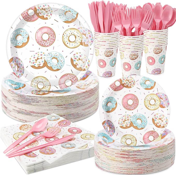 Ziliny 350 Pcs Donut Grow up Party Supplies Tableware Set Disposable 9'' 7'' Paper Plates 9 oz Cups Cutlery Napkins Dinnerware Set for 1st Birthday, Serve 50 (Donut Grow Up, Macron Color)