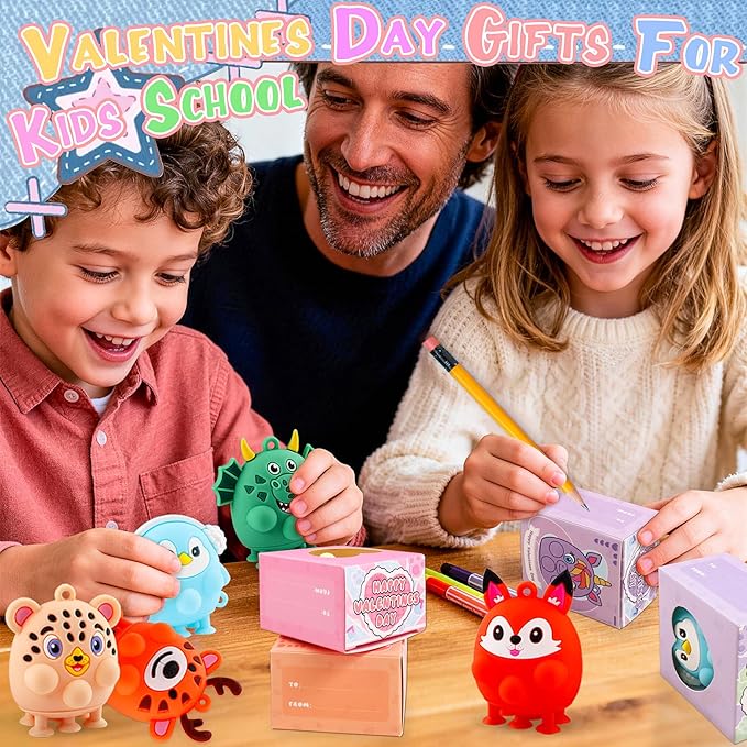 ChildFun Valentines Day Gifts for Kids, 24 PCS Prefiled Valentines Box with 3D Animal Pop Suction Toys, Valentines Party Favors for Class, School Classroom Valentines Gifts for Boys Girls Toddlers