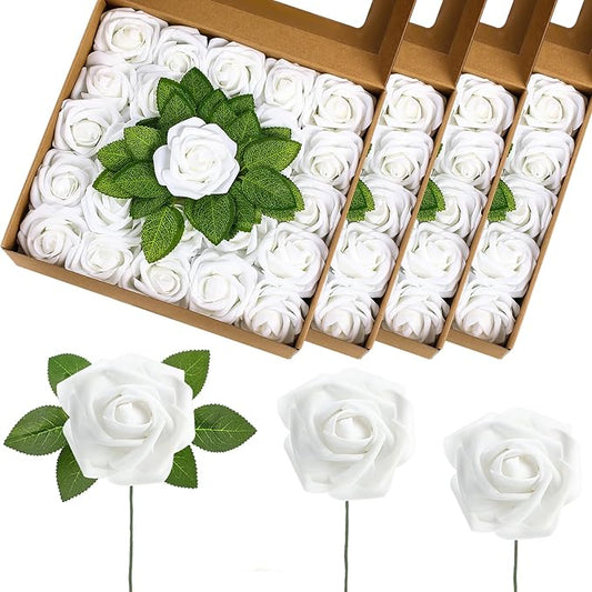 100 Pcs Artificial Foam Rose Flower Faux Bouquet Wedding Fake Rose Gift for Mother's Day Women DIY Bridal Shower Party Table Birthday Home Spring Decor (White)