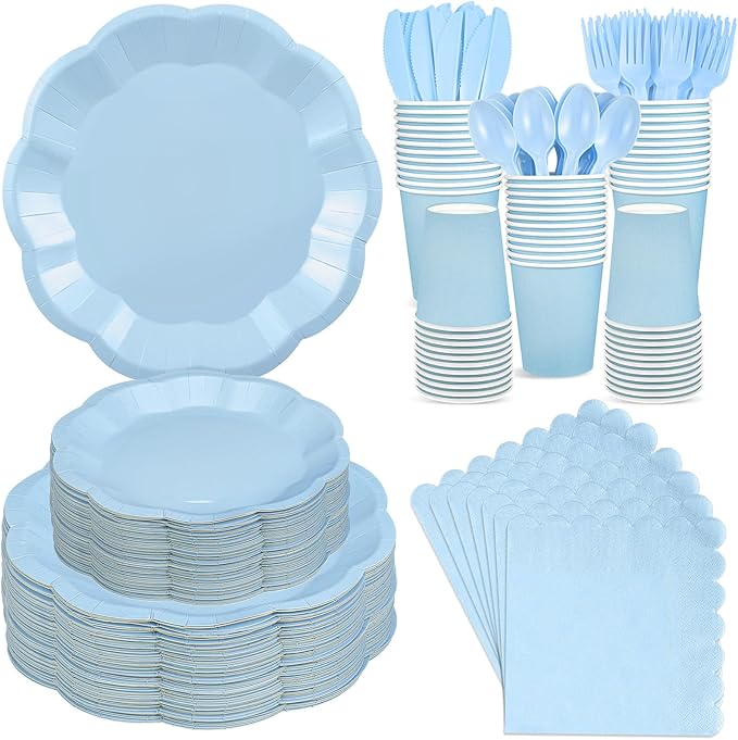 NatNarr 350 Pcs Light Blue Paper Plates and Napkins Set Include 9" Dinner Plates, 7" Dessert Plate Disposable Scalloped Tableware Serve 50 Guest for Wedding Boy Baby Shower Bridal Shower Birthday